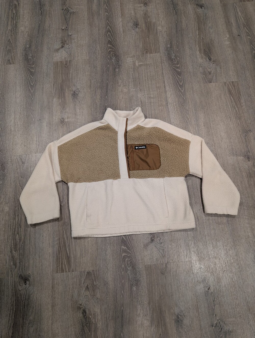 Columbia Womens Lodge Sherpa Fleece Pullover Jacket Tan Cream Block Size XXL
